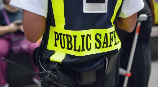 Back of the torso of an individual with a vest that reads "Public Safety" on the back.
